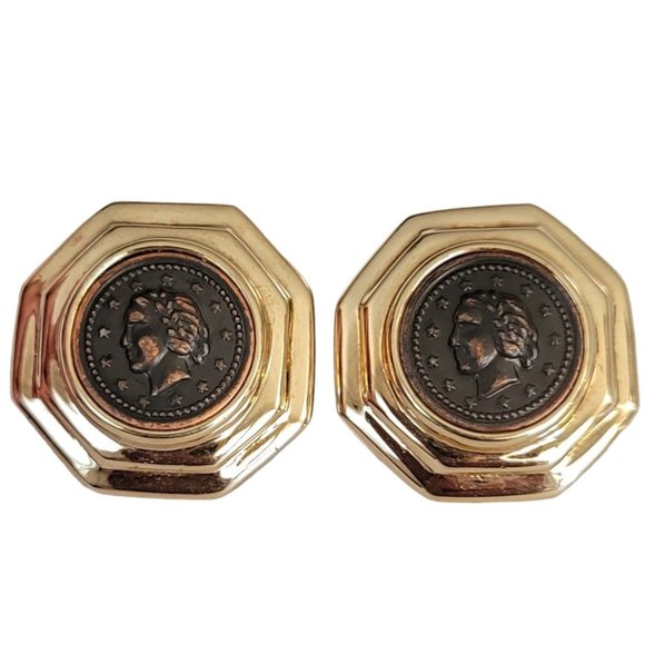 Gold Tone Copper Color Coin Face Clip On Earrings K652 - Picture 1 of 7